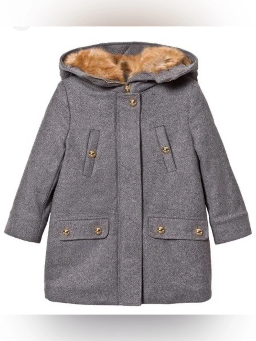Chloé Girls Wool Fur Hooded Coat/Jacket, Gray, Size 8